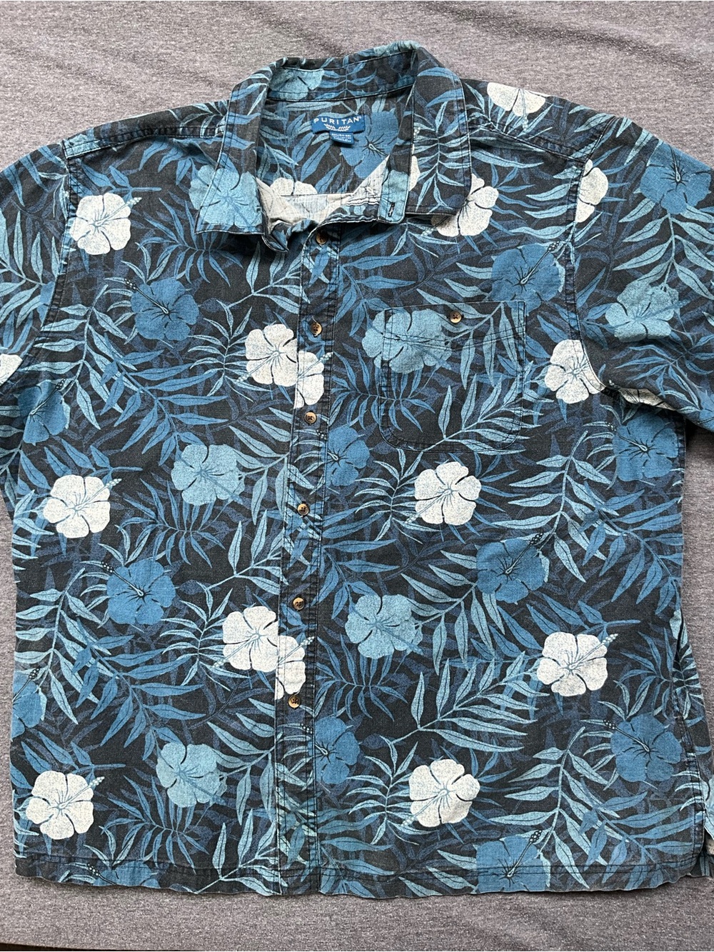 Puritan Men's 3XL Tropical Hawaiian Shirt Navy Blue Floral Hibiscus 100% Cotton